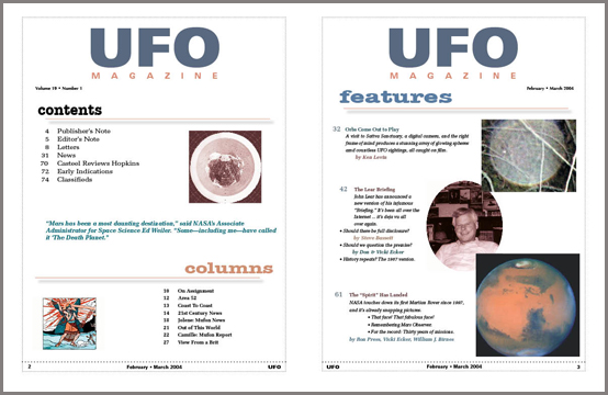 Contents of UFO Magazine, Volume 19, No. 1