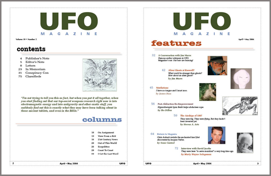 Contents of UFO Magazine, Volume 19, No. 2